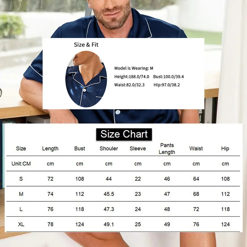 Men Satin Pajama Set Sleepwear for Man Summer Short Sleeve ButtonDown Shirt Shorts Pajamas 2 Piece Home Clothes Suit 250526