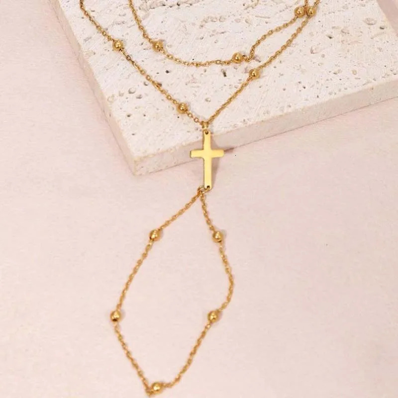 Fashion Metal Double Layer Cross Connected Finger Ring Bracelet for Women Simple Gold Color Bead Link Chain Hand Bangles Jewelry 250528