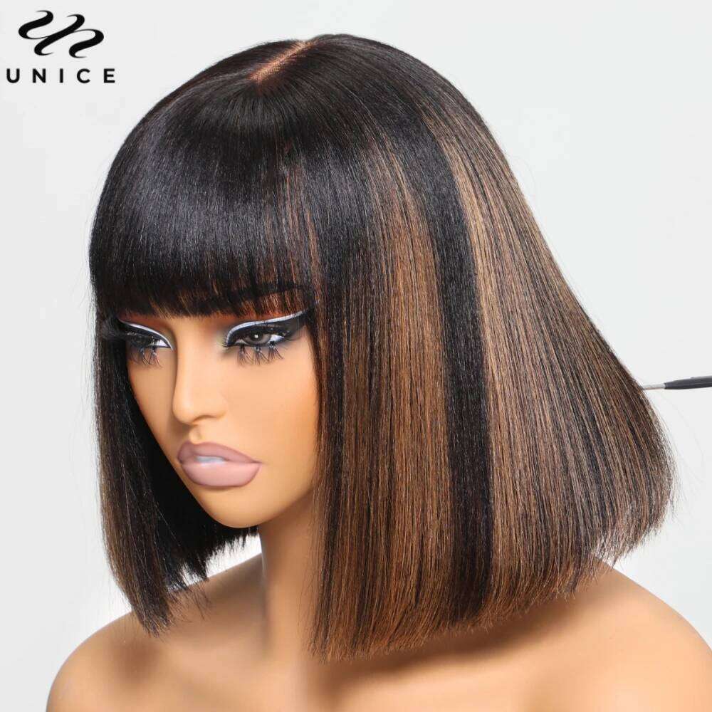UNICE Yaki Straight Bob With Bangs Balayage Highlight Glueless Wigs Human Hair Ready To Wear 4x2 Lace Wig 150%