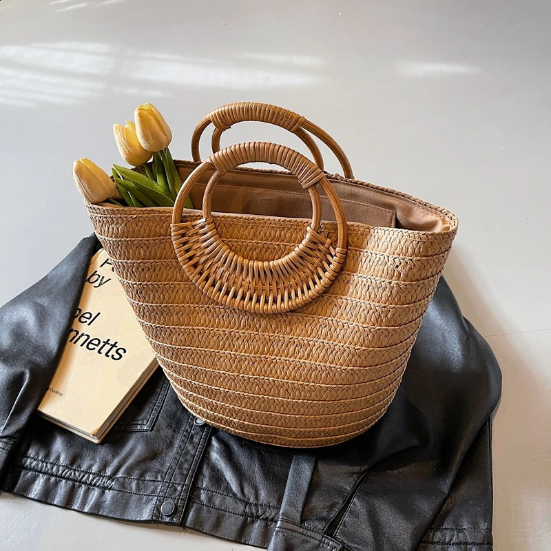 Straw Beach Handbag Handmade Woven Bag Raffia Rattan Tote Women Bohemian Summer Travel Bag Large Capacity Basket Shopping Ba 250530