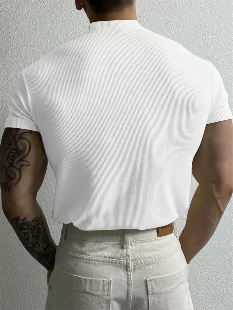 spring summer Elastic Comfortable Mens T-shirt Small high collar stripe shirt short sleeve fitness tops sports casual T-shirt 250530