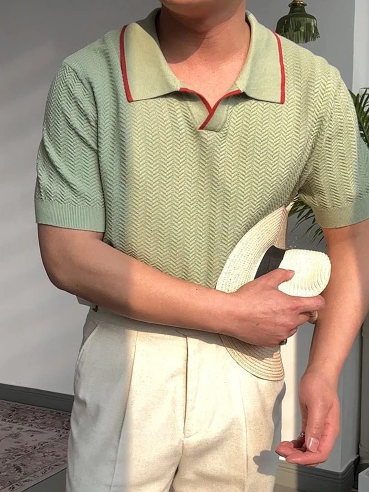Knitting Thin Breathable Ice Silk Polo Shirt Mens Summer Trendy Striped Polo Collar Tops Men Casual Short Sleeve Slim Knit Polos 250526