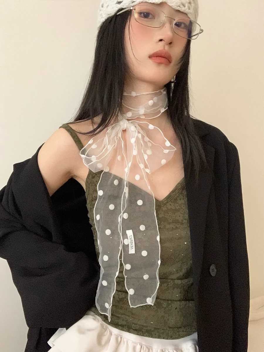Fashionable Lace Mesh Polka Dot Scarf For Women New Summer 2025 Lightweight Sweet Versatile Neck Accessory With Ribbon W250602