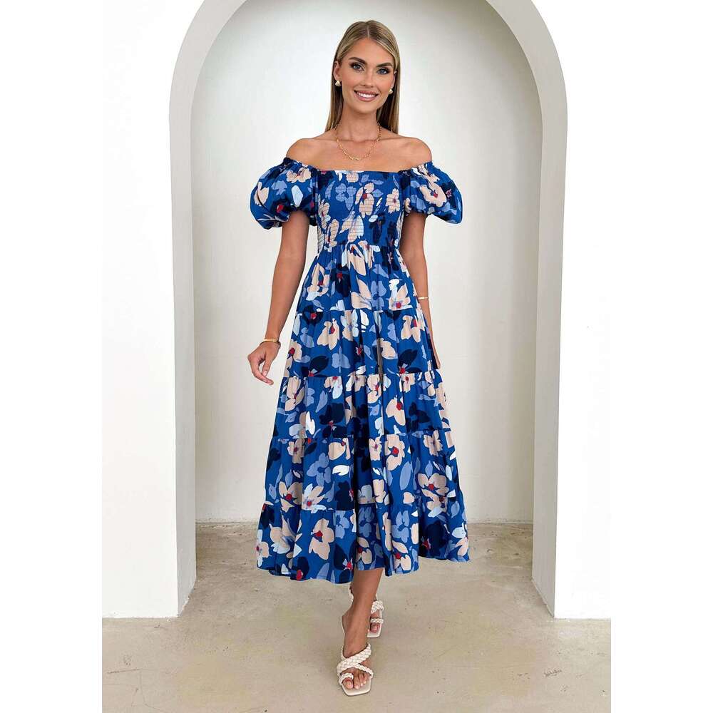 Summer European and American bubble sleeves vacation slimming long skirt spicy girl high waist one shoulder printed dress for women 2025 temperament v