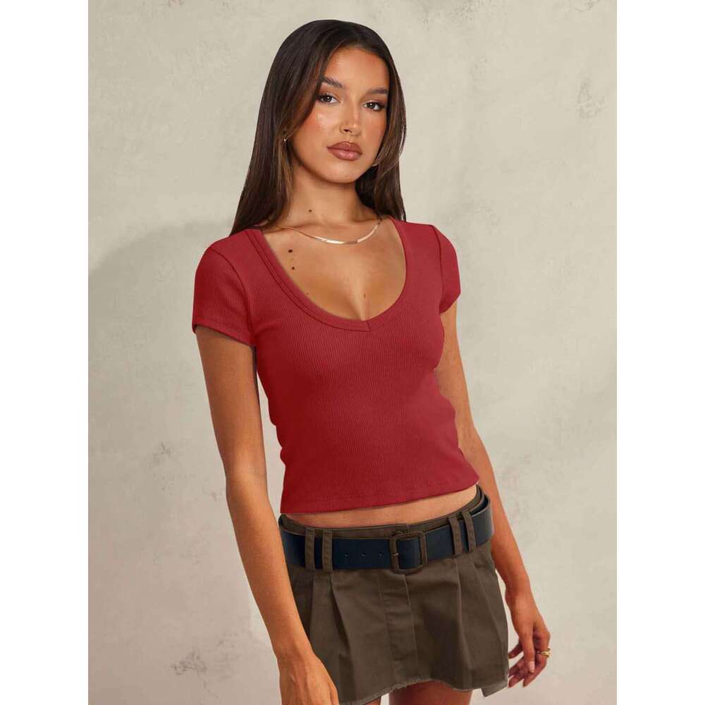 New Solid Color Slim Fit Cropped Sleeve Top Summer Short T-Shirt V-Neck Ribbed Knit Women's Clothing