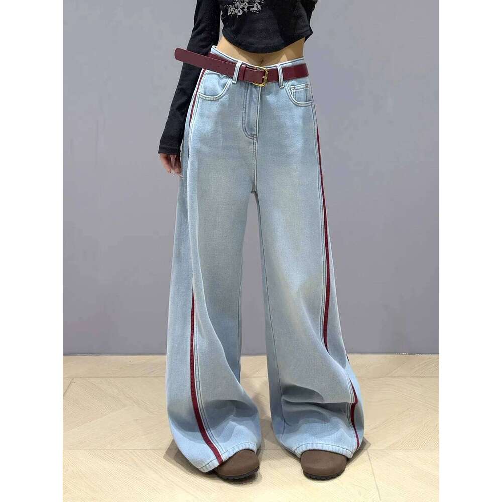 2025 NEW Splicing Blue High Street Straight Leg Fashion Y2k Style American Spring Oversized Women's Loose Jeans