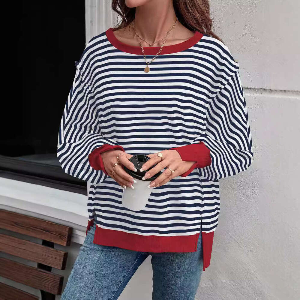 Hot Selling Casual Loose Autumn Winter Long Sleeve Striped Split Round Neck Design Street Style Sweatshirt Top