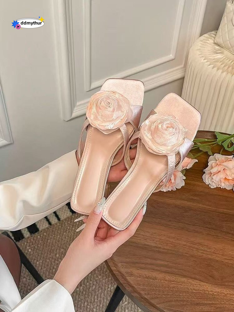 Floral Dress Slippers for Women Summer New Korean Style French Evening Breeze Elegant Fairy Gentle Chunky Heel Sandals ddmythur