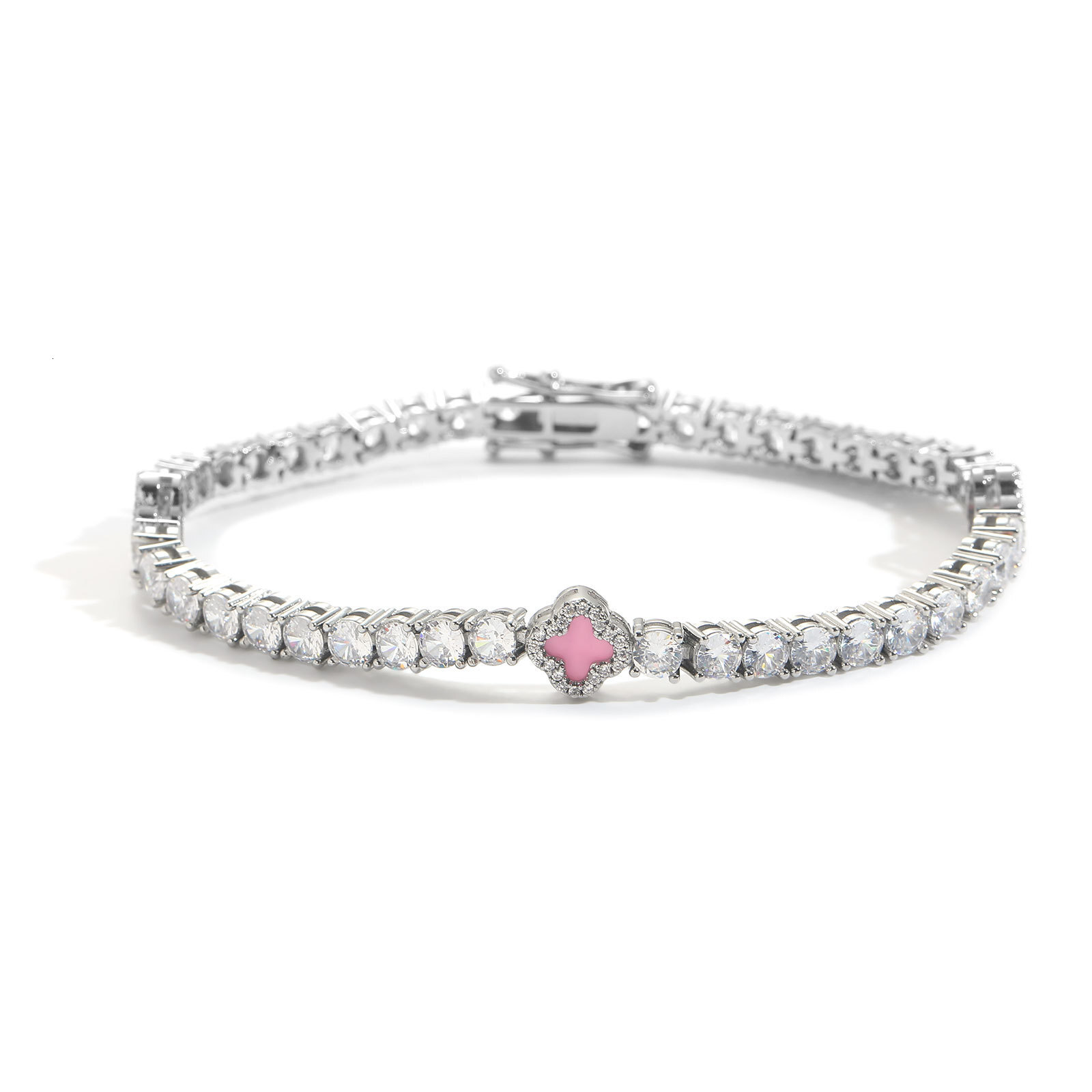 Ins Style Pink Clover Inlaid Diamond Tennis Chain Bracelet Exquisite High-end Clavicle Chain Accessory moissanite