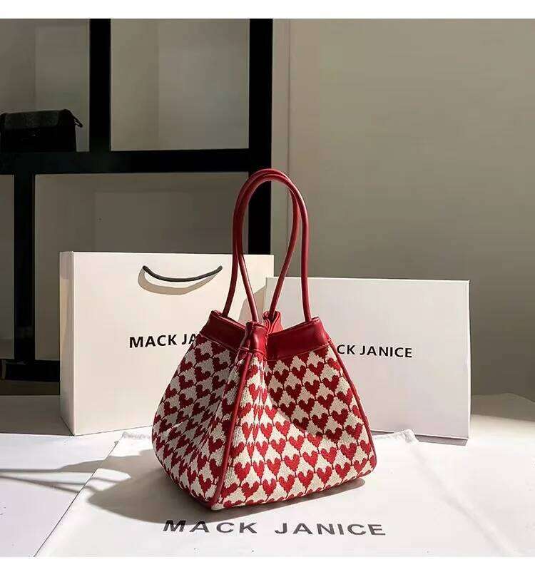 High Quality Textured Leather Knitted Bucket Fashion Women's Handbag Female Shoulder Underarm Lady Purse Composite Bag