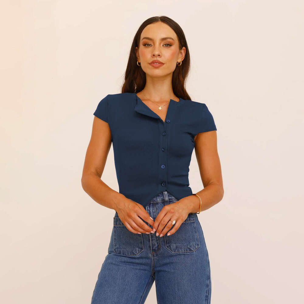 2025 New Y2K Women's Fashion Split Ribbed Solid Color Short Sleeve Button Top V-neck Irregular T-shirt
