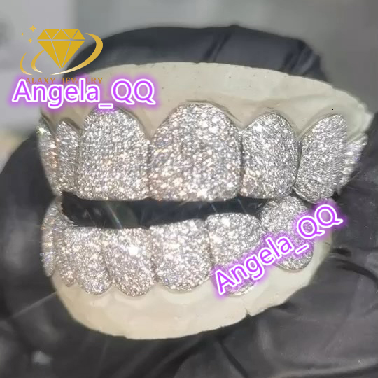 Iced Out Moissanite Grillz 8 on 8 Vvs Diamond Grillz 925 Sterling Silver Dental Mossamite Grillz for Hip Hop Jewelry