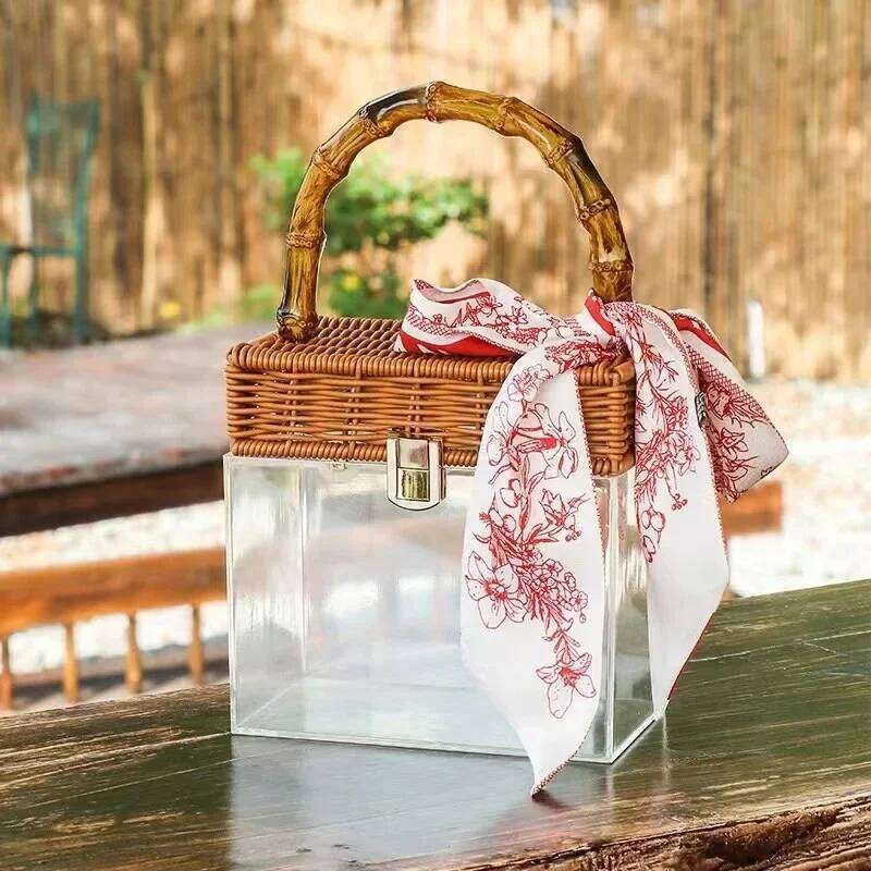 Summer Transparent Acrylic Box Printing Square Bag Bamboo Woven Handmade Handle Handbag Women Holiday Vacation
