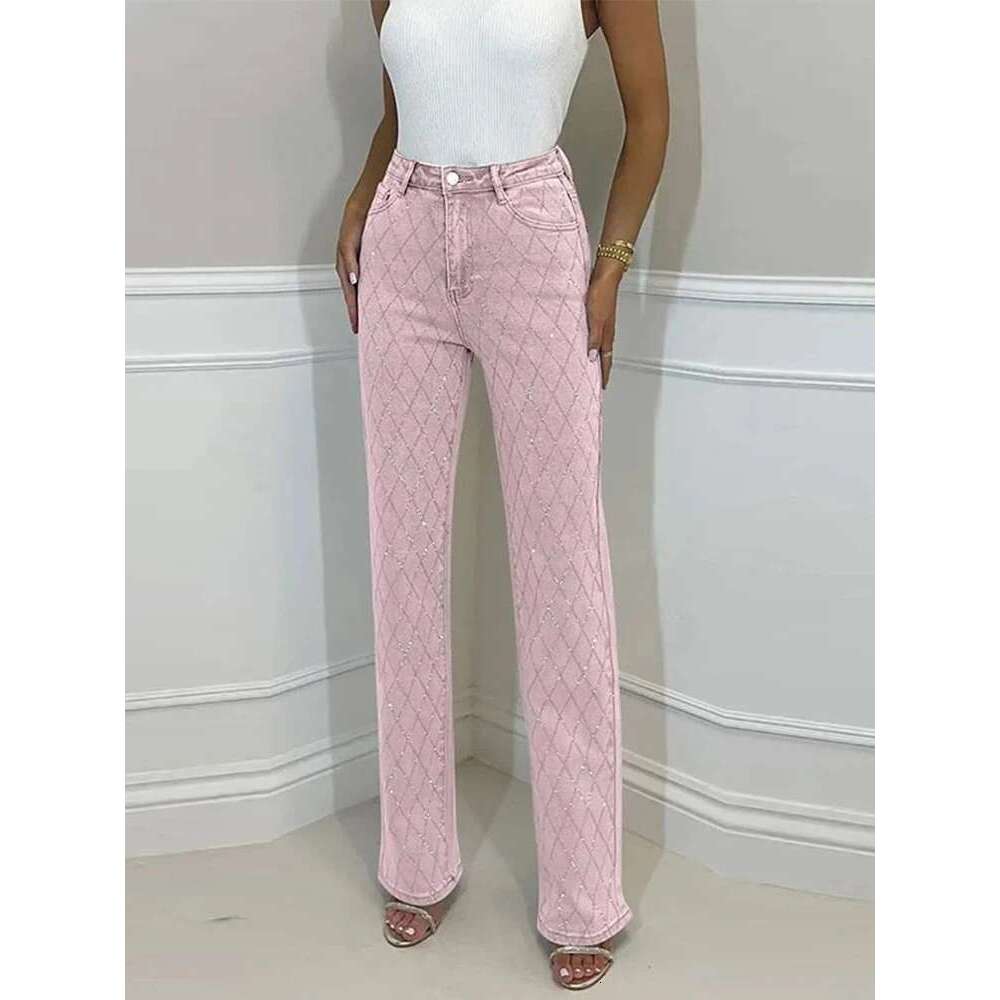 Coats Designer Women Dia-Shaped Rhinestones Woman's Denim Shiny Dia Straight Jeans For Women Rise Trousers Y2k High Street Pants Designer