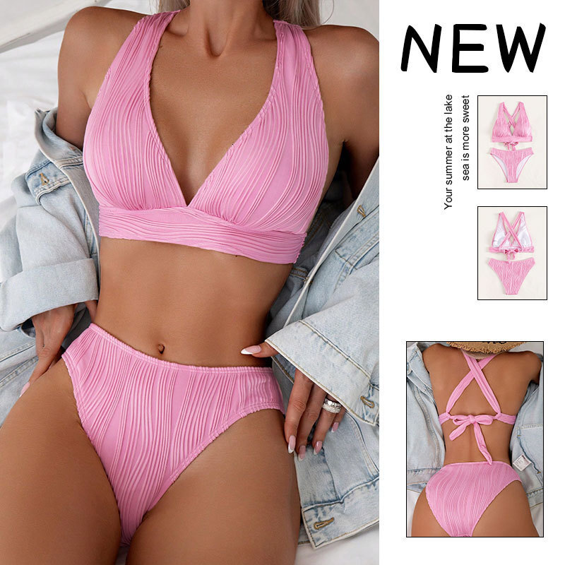 Outdoor Summer Beach Sexy Womenfree Shipping 2025 New Designer Shoes 2025 Summer New Solid Color Neck Strap Split Female Sexy Bikini Swimsuit