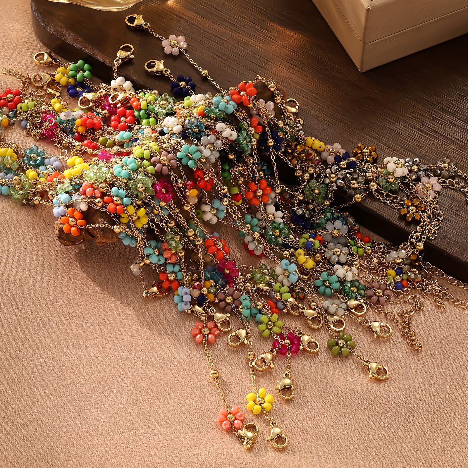 Steel Braided Multicolor Flower Bracelet Handmade Beaded Clavicle Chain Daily Versatile Necklace