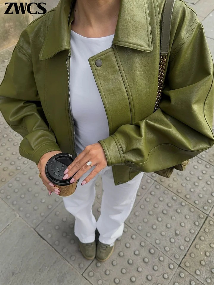 Fashion Green PU Leather Jacket Women Laple Zipper Loose Full Sleeve Single Breasted Cropped Coat 2024 Lady Solid Streetwear 250521