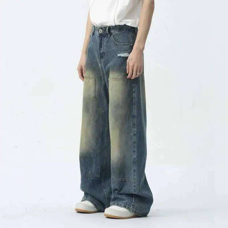 IEFB Make Old Men Jeans Trend Patchwork Pocket Zipper Casual Male Denim Pants New Fashion Wide Leg Trousers Summer 9C5420