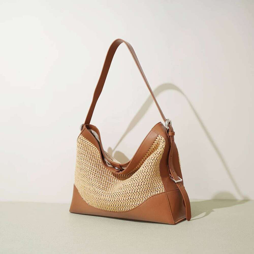 Factory Customized Raffia Tote Shoulder Handbag Polyester Paper Straw Beach Bag With Cowhide Leather