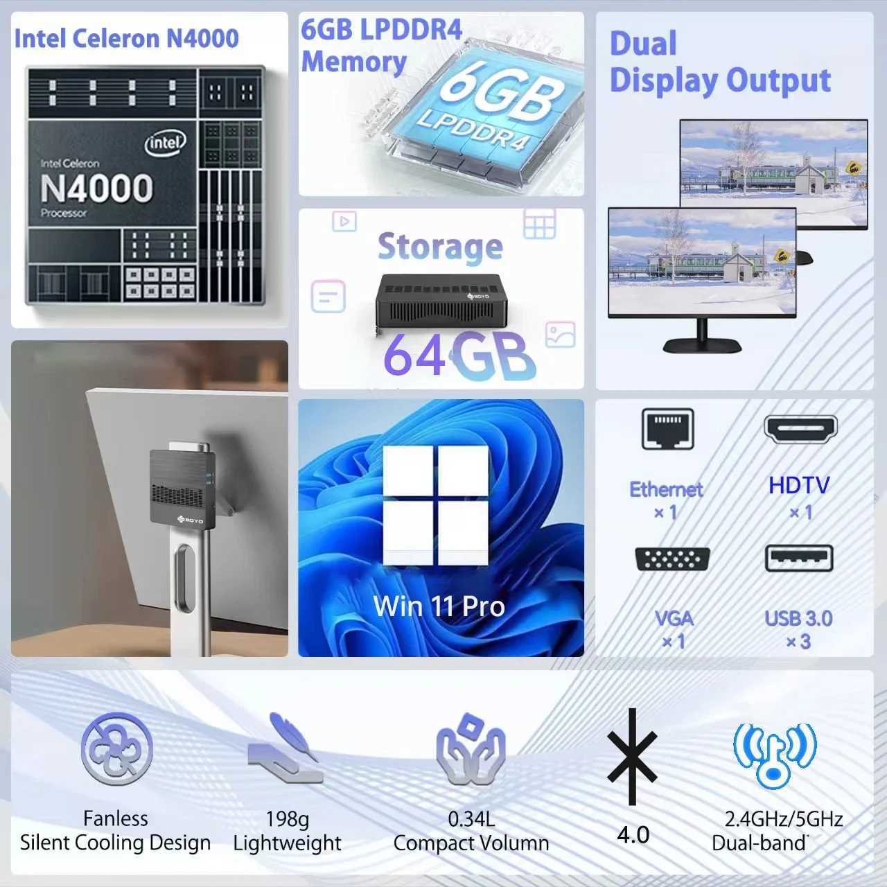 SOYO M2 mini PC Intel Win11Pro WiFi Bluetooth 4.2 Celeron N4000 CPU 6G RAM 64G M.2 SSD HDMI+VGA USB3.0 desktop portable computer X250602