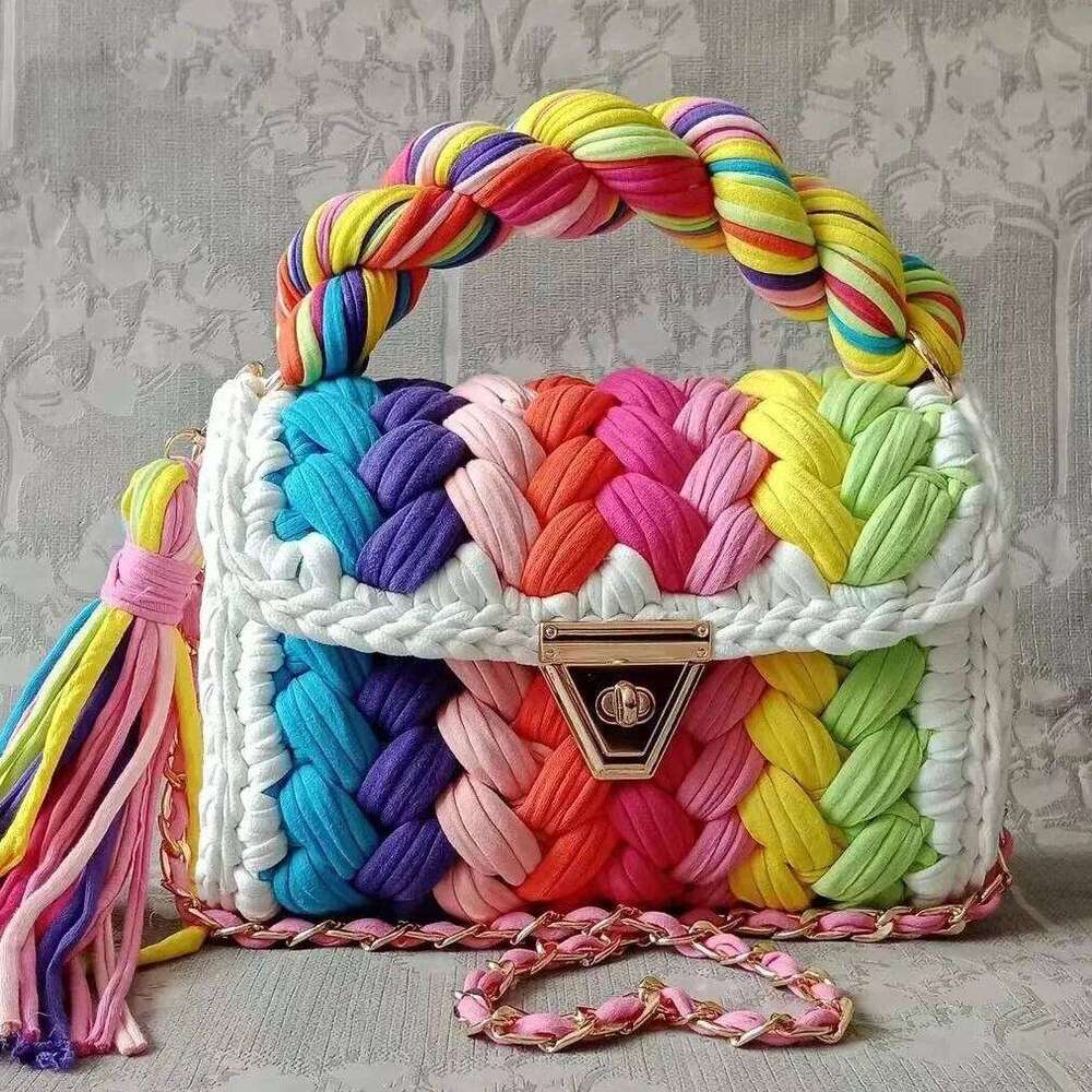Lady Shoulder Handmade Crochet Woven Bag Fabric Strip Designer Handbag Purses For Women Tote Bags