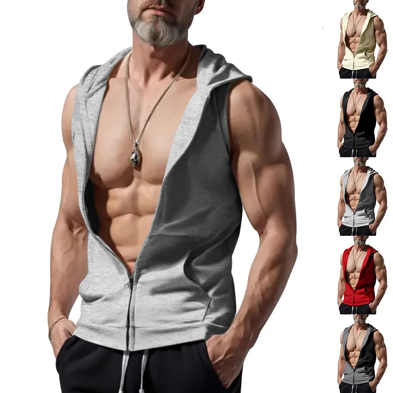 2024Summer Mens Foreign Trade Hooded Cardigan Zipper Sweater Sleeveless Casual Vest Sports Jacket 250527