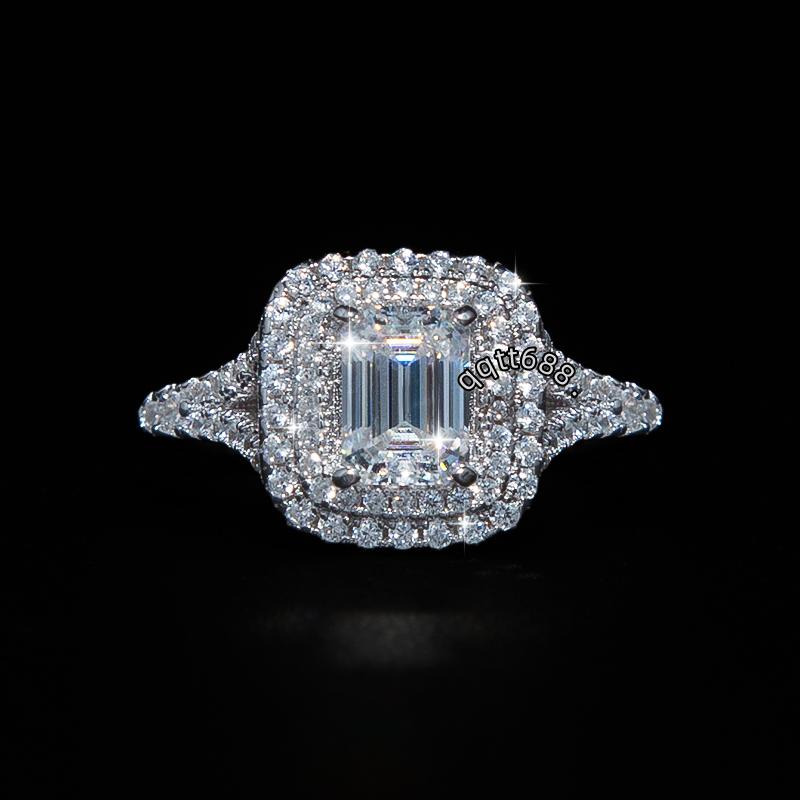 With GRA Certificate S925 Sterling Silver 5*7mm 1ct Emerald Cut Moissanite Ring for Women Engagement Wedding Band