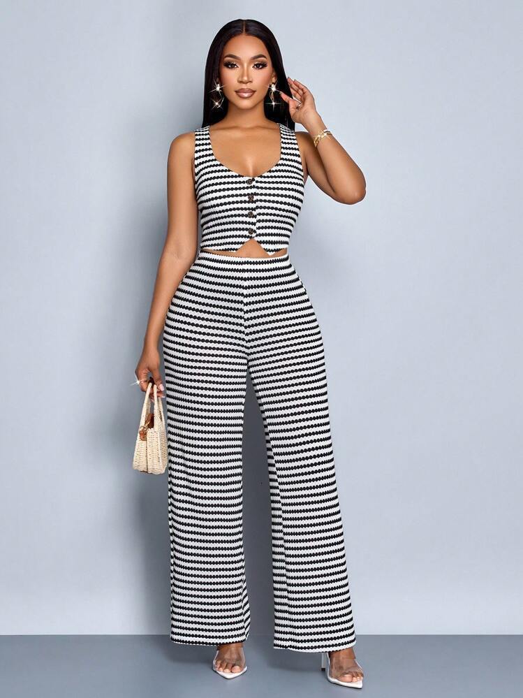 Designer T Shirt New Fashion Women S Clothing Fashion Personality Striped Print Sleeveless Vest Top Loose Wide Leg Pants Set Essentials Summer Dress