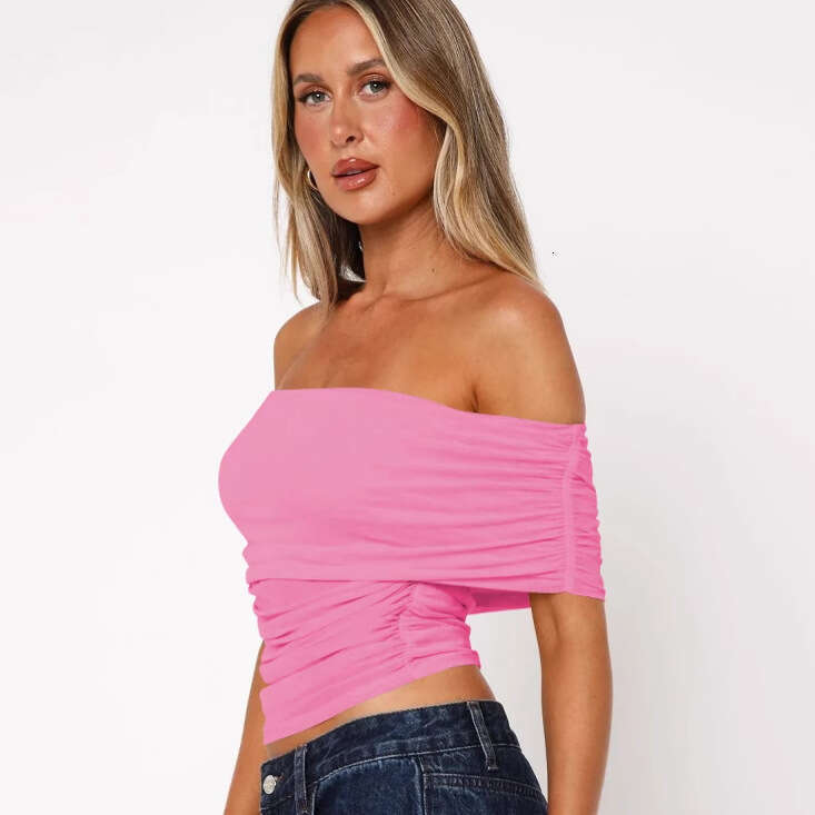 Sexy Women's Lightweight Mesh Off-Shoulder Short Sleeve T-Shirt Early Spring New Sheer Design Sense Tube Top 1062