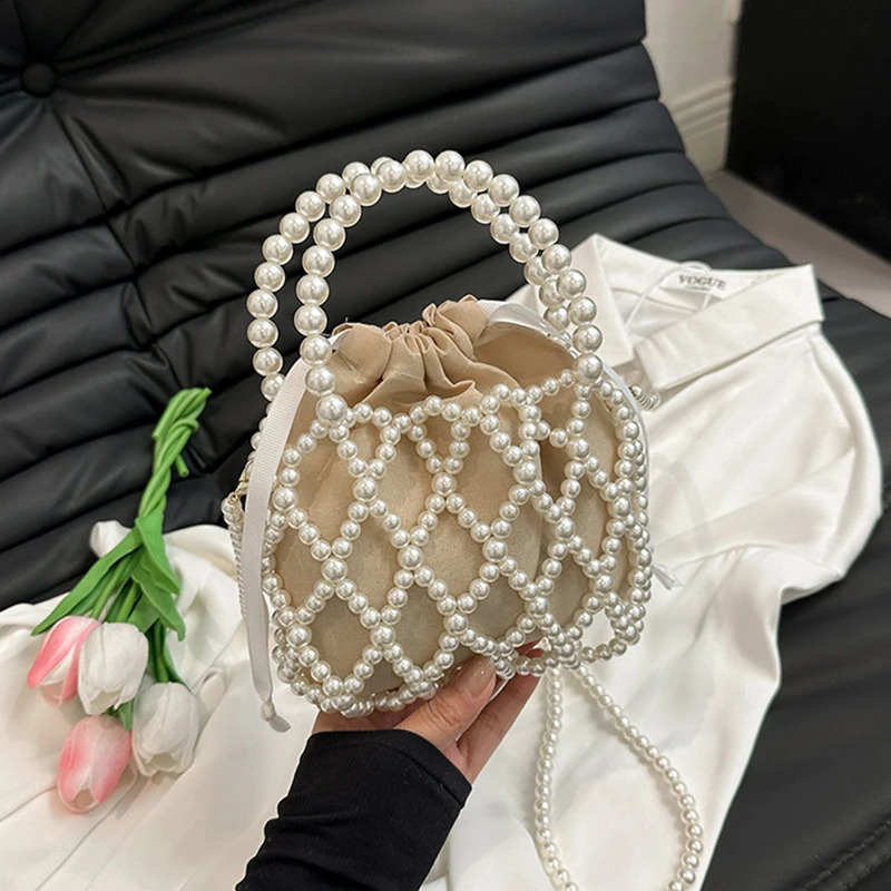 Sweet Handmade Pearl Shoulder Tote Bead Handbag Womens Summer Small Bucket Purse for Party 250530
