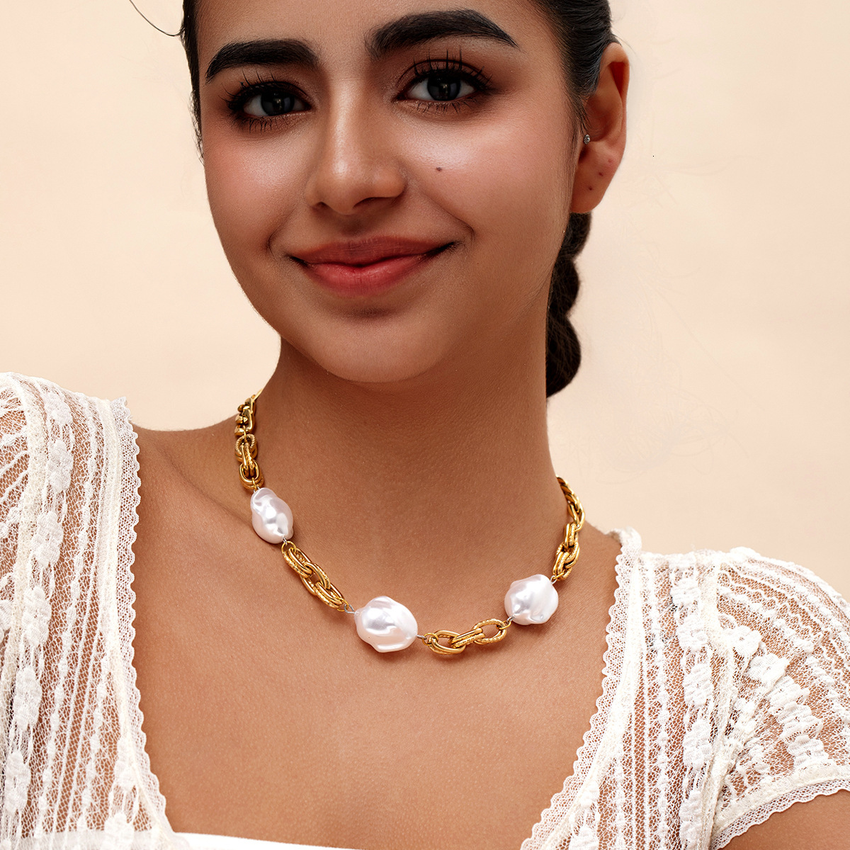 New Design Personality Simple Versatile Geometric Irregular Chain Pearl Clasp Necklace