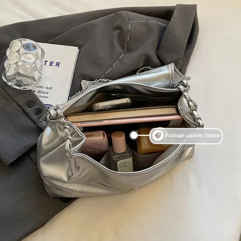 Casual Soft Surface Large Capacity Bag Women All-Match Chain Messenger Bag Silver Shoulder Bag Handbag 250530