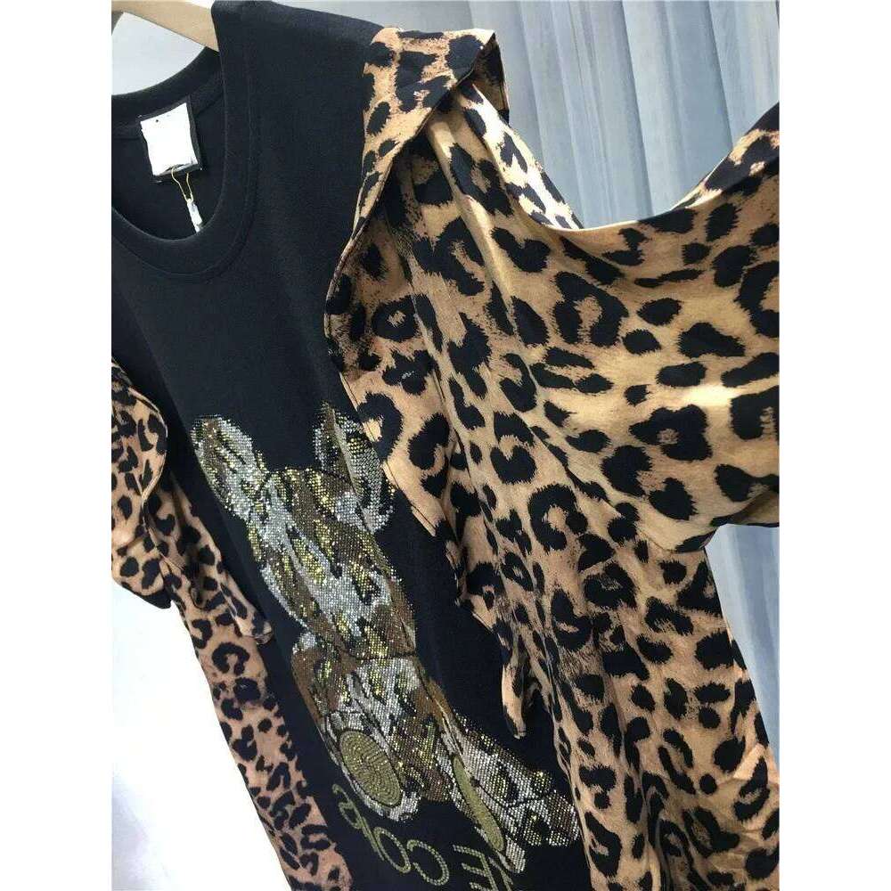 Leopard Print Dress Short Sleeves Summer Diamante Embellishment Women's Top Medium Length Bear Shape Wooden Ear Edge