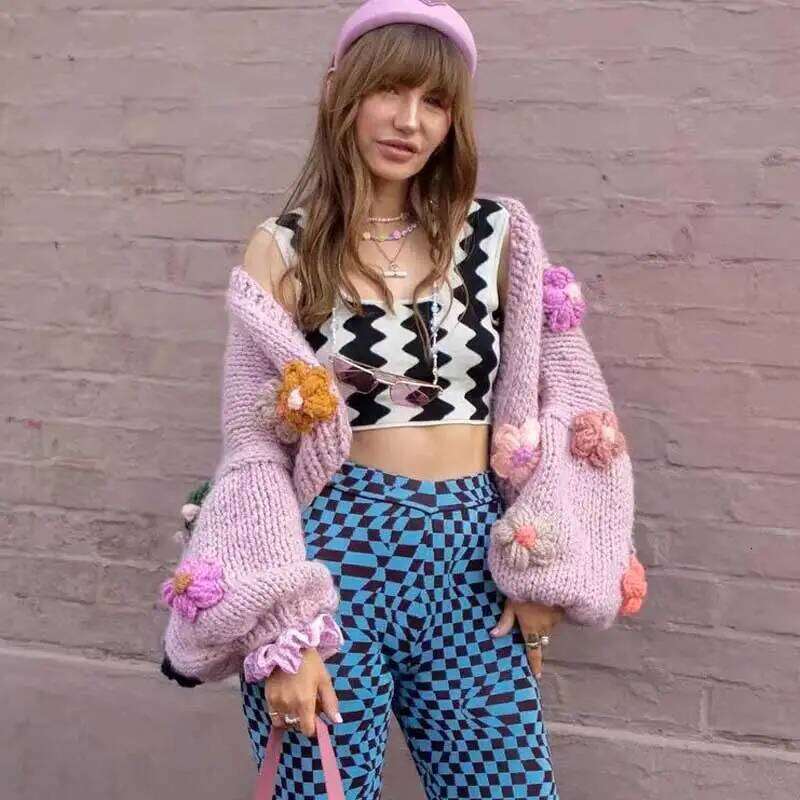 Boho Inspired Winter Women's Cardigans Multicolor Knitted 3D Flowers Long Sleeve Loose Cardigan Coats Warm Sweaters 4 Colors