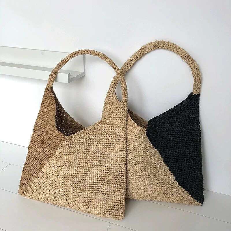 Casual Large Capacity Tote Raffia Hand-Woven Straw Bag Patchwork Women Shoulder Bags Summer Beach Handbags Big Purses