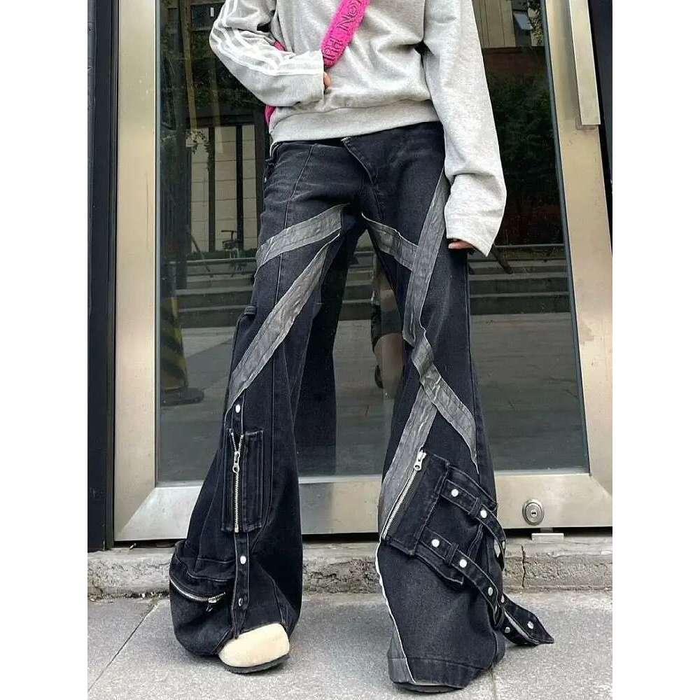 American Women Street Retro Zipper Splicing Micro Flared Jeans Y2k Slimming Multi Pocket Design Straight Leg Pants