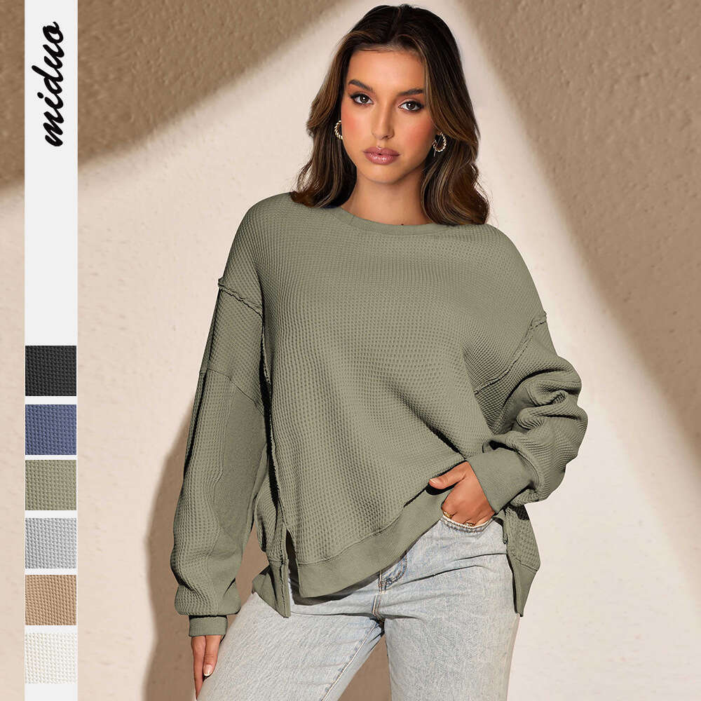 Fashion Women's Round Neck Split Solid Color Loose Casual Long Sleeve Pullover Lazy Sweatshirt