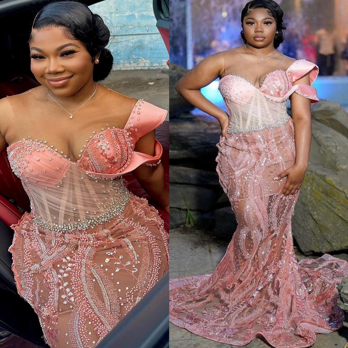 Pink Mermaid Prom Dresses 2025 Illusion Crystals Beaded Sequined Evening Formal Party Second Birthday Engagement Gowns Plus Size Dress For Special Occ