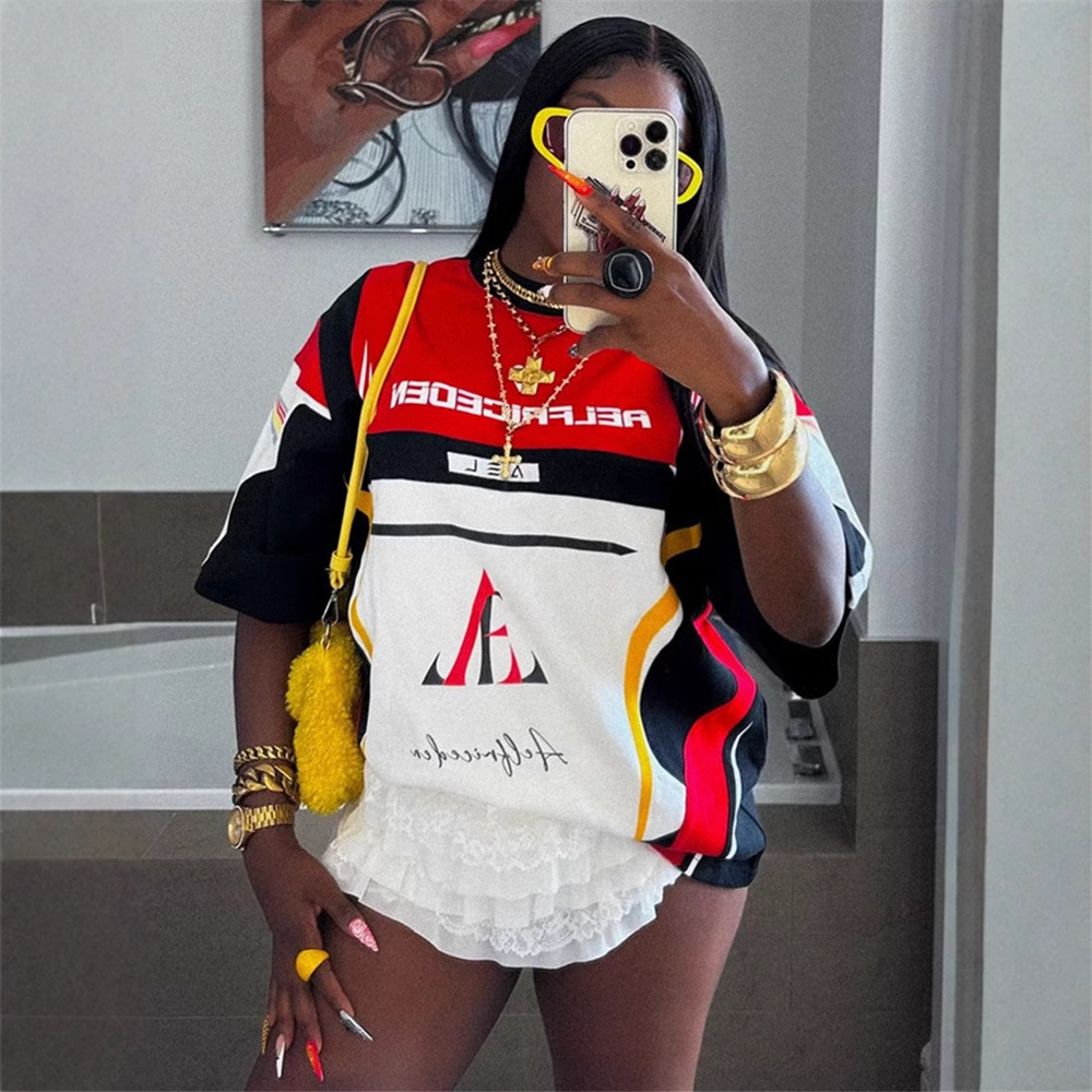 Designer T Shirt Autumn New Trendy Fashion Printed Motorcycle Style High Street Retro American Short Sleeve Top Color Block T Shirt For Women Essentia