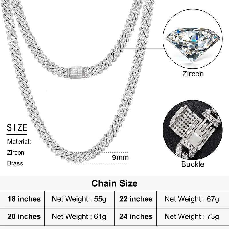 9mm 2 Row Crystal Micro Pave Iced Out CZ Miami Curb Cuban Link Necklaces Chains Bling Jewelry Fashion Hip Hop For Women Men Gift