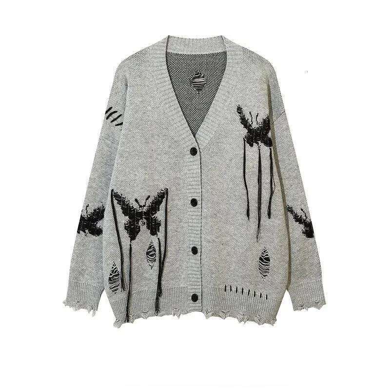 Butterfly Embroidered Tassel V-Neck With Torn Holes Lazy Style Cardigan Women's Clothing Cool Loose And Slim Design Knit Sweater
