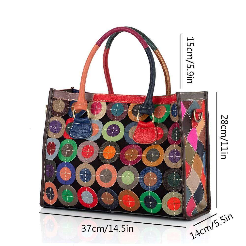 Fashion Splicing Color Leather Women's Tote with Casual and Colorful Circle ing Cowhide Shoulder Bag Handbag