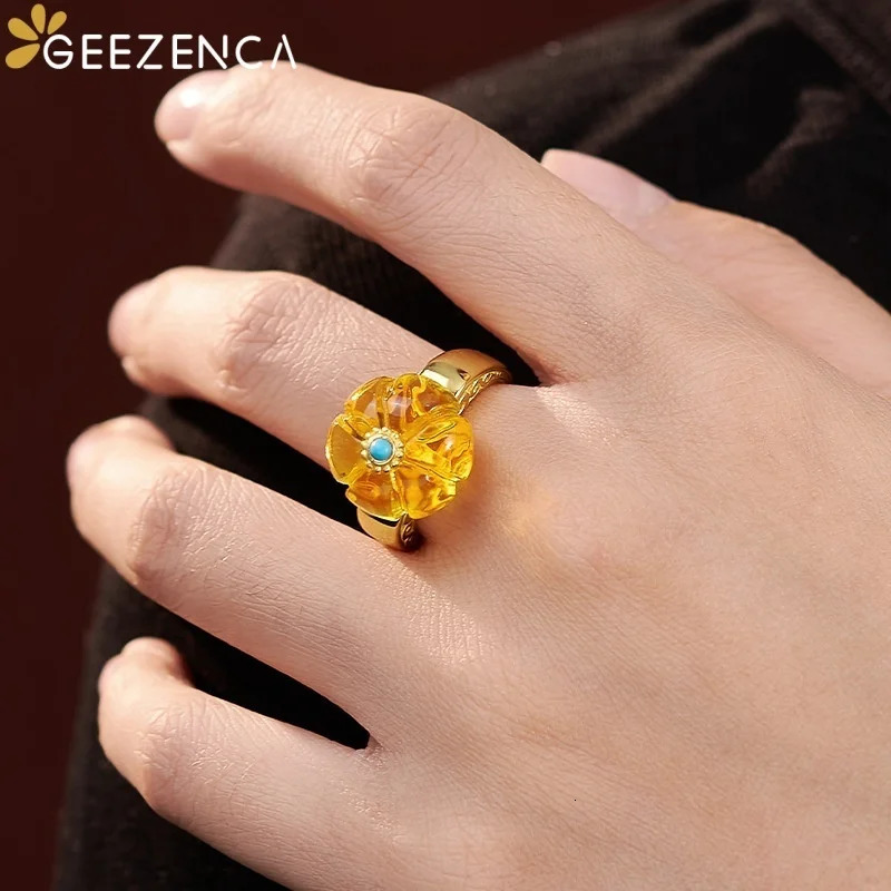 GEEZENCA Cloudy Amber S925 Silver 18K Gold Turquoise Open Ring Women Pumpkin Shape Delicate Dainty Statement Rings Love Gift Her 250526