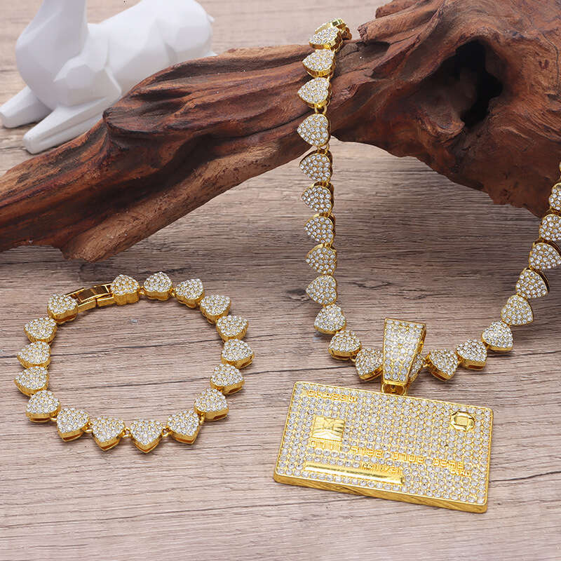 Hip Hop Bank Card Rectangular Alphabet Number Pendant Full Dia Cuban Necklace Men's Jewelry Set