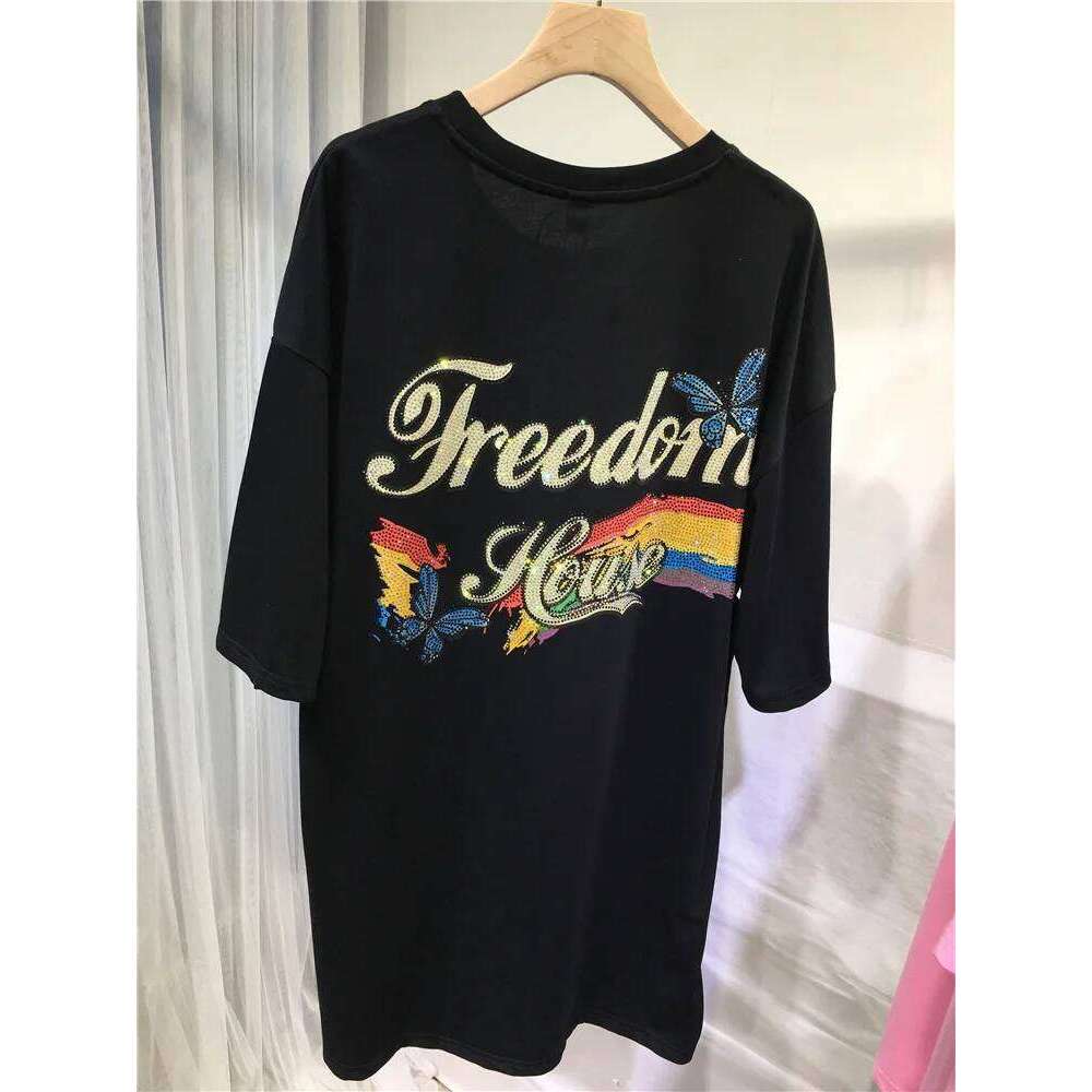 Oversized rhinestone cat print summer trend black top Loose women's short-sleeved T-shirt