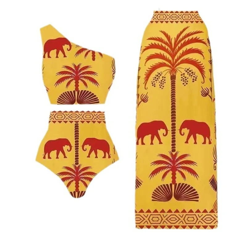 Printed One Piece Swimsuit Women Bikini with Beach Set One Shoulder High Waist Split Swimwear Brazilian Biquini Bathing Suit 250530