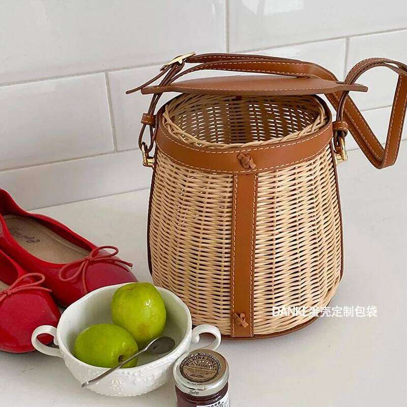 New Leather Women's Rattan Bucket Bag for women 2022 new handbags