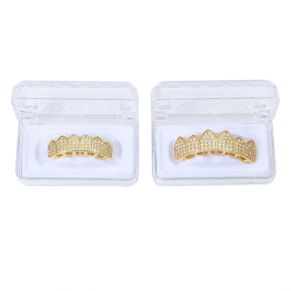 Micro inlaid Moissanite Gold Teeth Set with Sharp Teeth for Halloween Dressing Hip Hop Teeth Set Accessories Gold Teeth Set Hip Hop Jewelry moissanite