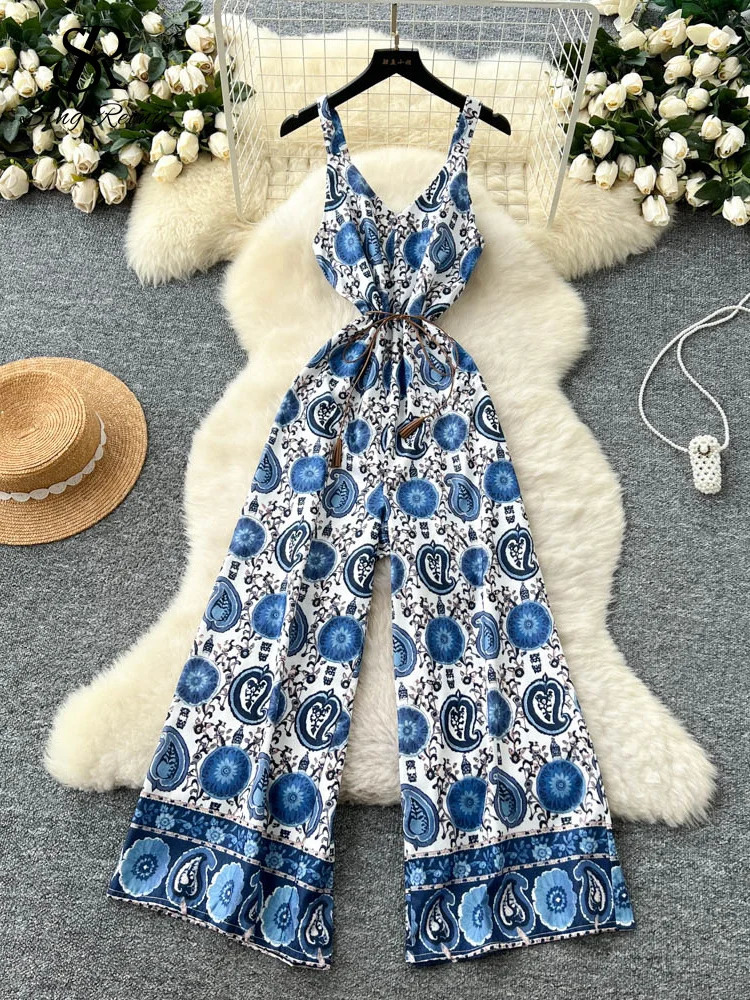 SINGREINY Senior Vintage Long Jumpsuits Female Strap Sleeveless Lace Up Skinny Backless Chic Summer Retro Beach Print Rompers 250530