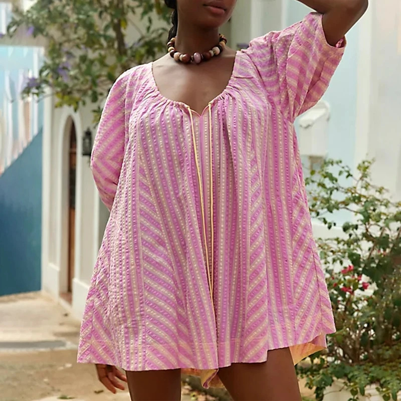 Women Summer Short Boho Jumpsuit Striped Half Sleeve V Neck Tie Up Playsuit Casaul Loos Fit Bodycon Female Overalls Outfits 250528